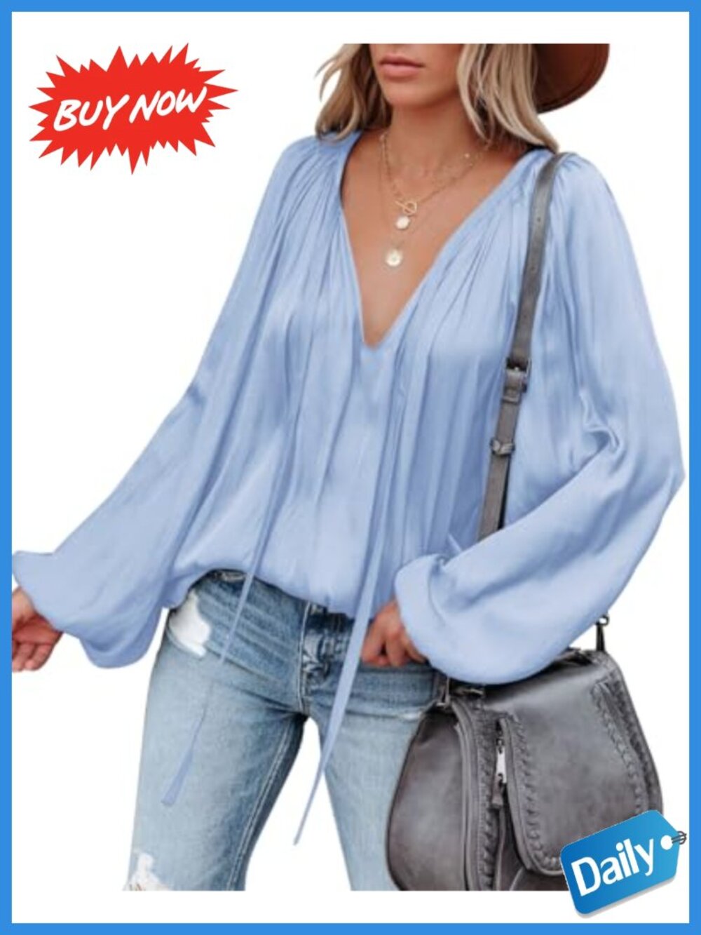 Womens Deep V Neck Satin Blouse Bell Sleeve Flowy Tunic Top